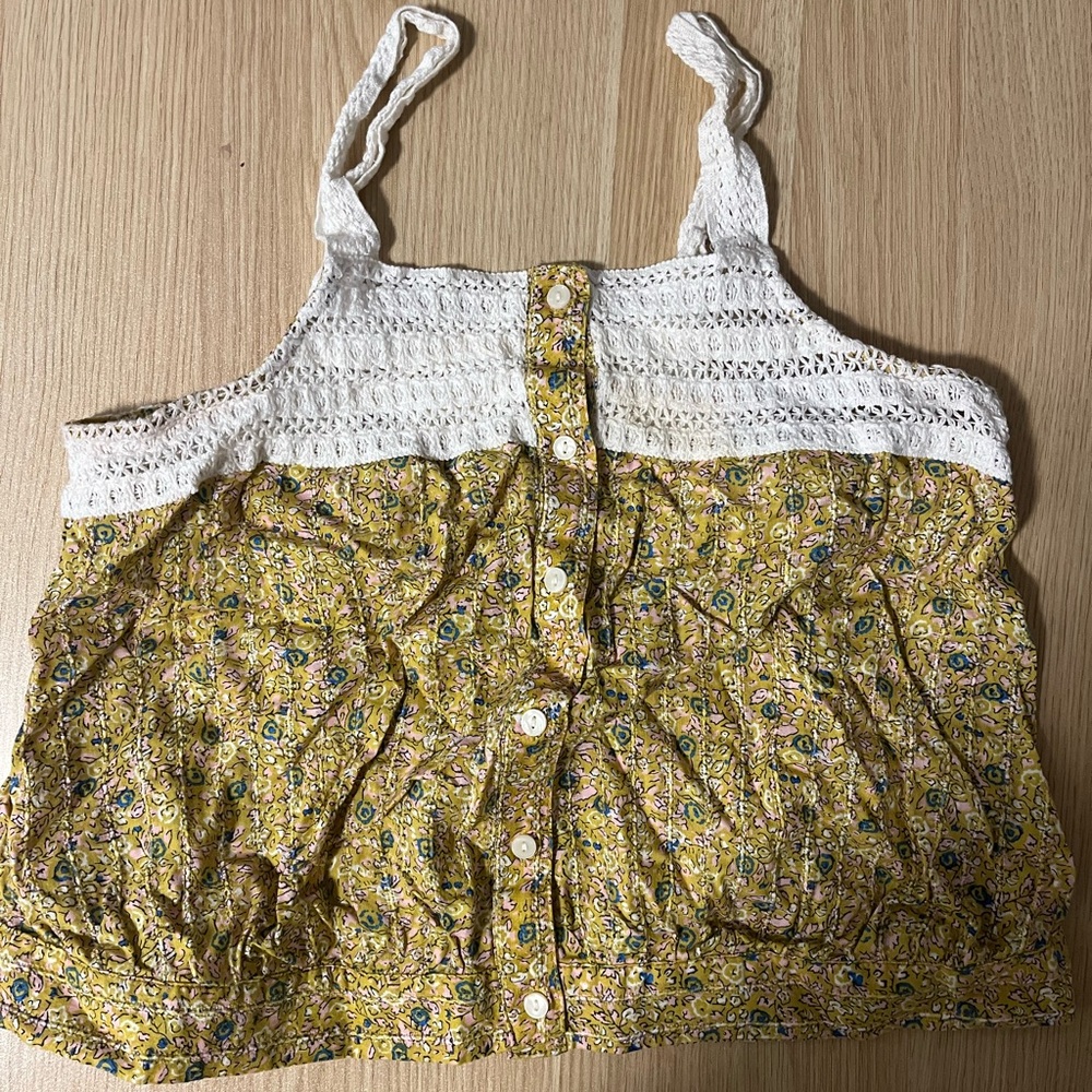 Yellow Floral Sleeveless Top with Lace Detail